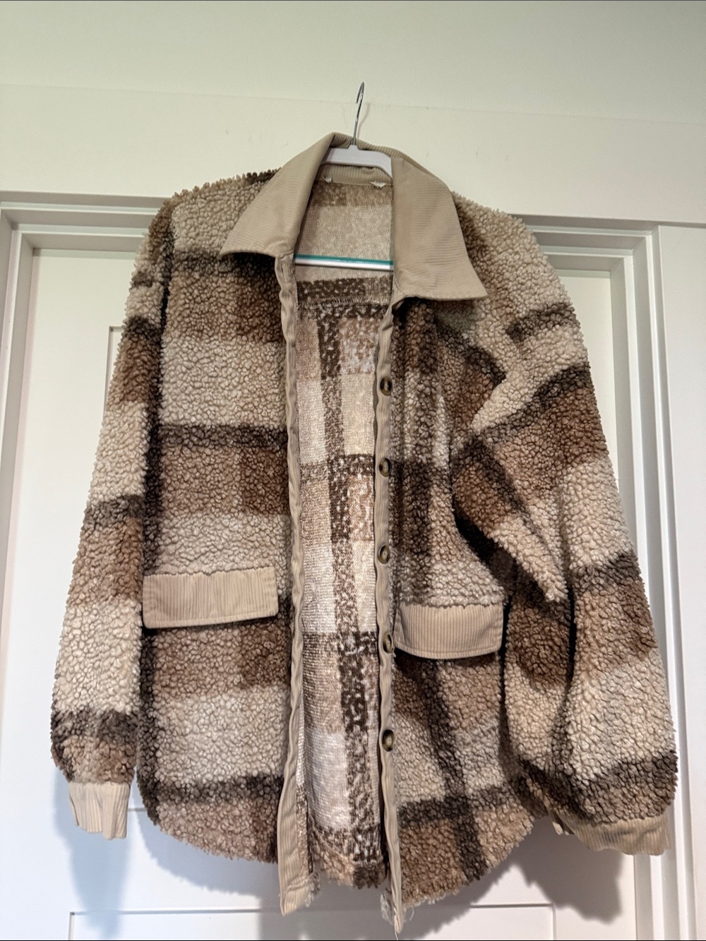 Cozy Plaid Sherpa Jacket in Beige and Brown - Women's
